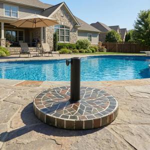 Christopher Knight Home Enzo Patio Umbrella Base with Adjustment Knob, Heavy Duty Patio Umbrella Stand Outdoor Base, Concrete + Iron Outdoor Umbrella Stand with Unique Mosaic Pattern, Black + Brown
