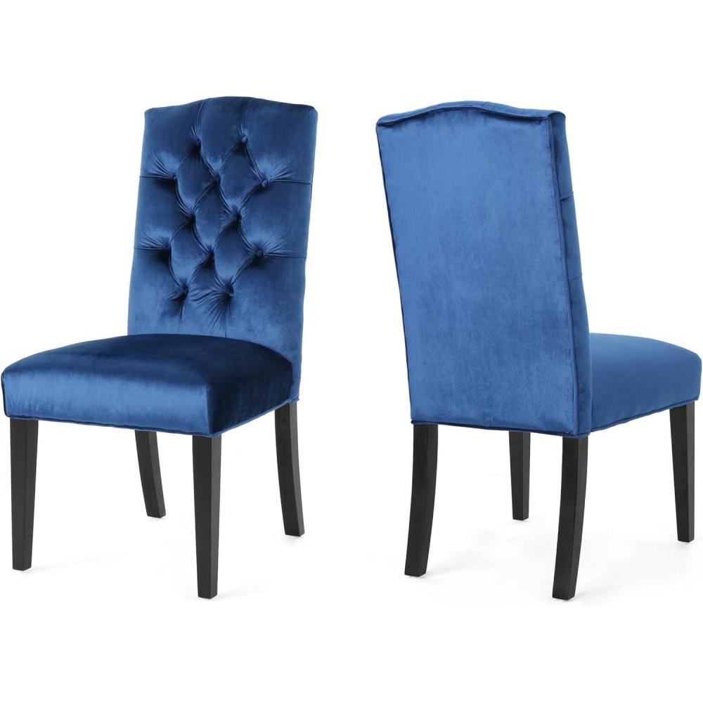 image:imageChristopher Knight Home Nickolai Traditional Crown Top Velvet Dining Chairs 2Pcs Set Navy Blue Dark Brown