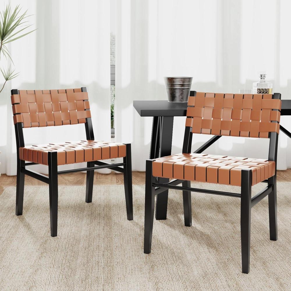 image:imageChristopher Knight Home Set of 2 Indoor Rubberwood Frame Armless Dining Chairs Seating and Backrest with Rope Weave by PUFaux Leather for Dining Room Kitchen Restaurant Party Walnut and BlackBlackbrown