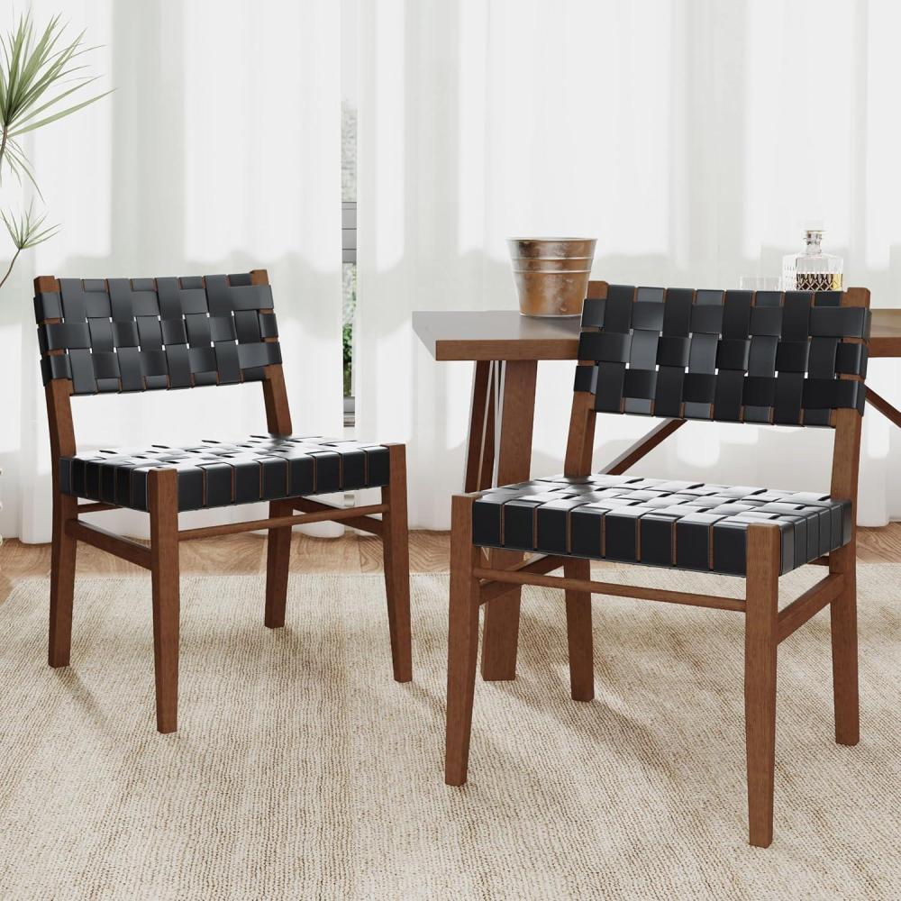 image:imageChristopher Knight Home Set of 2 Indoor Rubberwood Frame Armless Dining Chairs Seating and Backrest with Rope Weave by PUFaux Leather for Dining Room Kitchen Restaurant Party Walnut and BlackWalnutblack