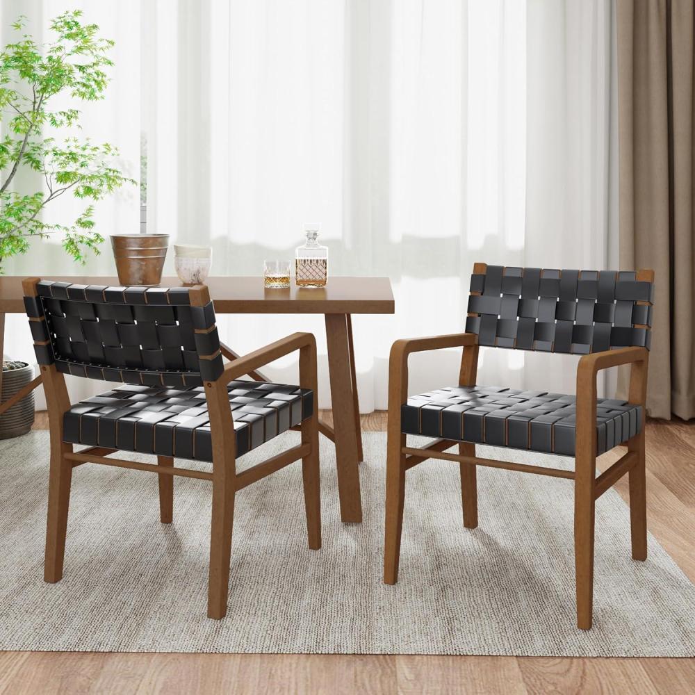 image:imageChristopher Knight Home Set of 2 Indoor Rubberwood Frame Dining Chairs Armrest Armchairs Seating and Backrest with Rope Weave by PUFaux Leather for Dining Room Kitchen Restaurant WalnutBlack