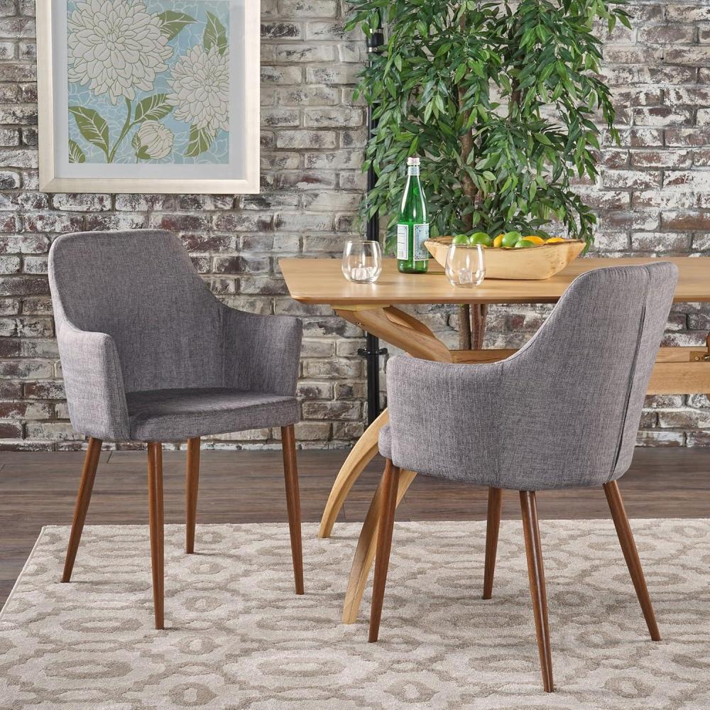 image:imageChristopher Knight Home Zeila MidCentury Modern Fabric Dining Chair with Wood Finished Metal Legs 2Pcs Set Light Grey  Dark Brown