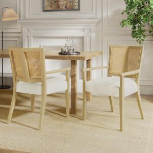 Christopher Knight Home Oliviel Dining Chair Set of 2, Upholstered Fabric Armchairs, Farmhouse Accent Dining Chairs, Comfy Seating Kitchen Side Chair Set, Wood Rattan Backrest, Light Ash+Beige(Light Ash+beige)