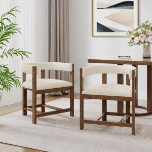 Christopher Knight Home Set of 2 Arley Modern Fabric Upholstered Dining Armchair, Sturdy Wooden Kitchen Side Chair with Ergonomic Backrest and Footrest, Soft Padded Barrel Accent Chair, Beige+Walnut(Beige+walnut)