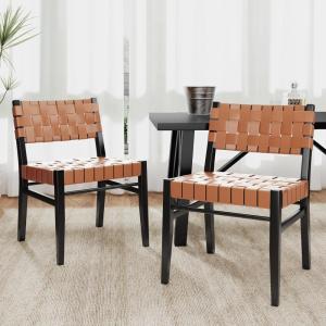 Christopher Knight Home Set of 2 Indoor Rubberwood Frame Armless Dining Chairs, Seating and Backrest with Rope Weave by PU/Faux Leather, for Dining Room Kitchen, Restaurant, Party, Walnut and Black(Black+brown)