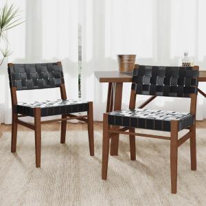 Christopher Knight Home Set of 2 Indoor Rubberwood Frame Armless Dining Chairs, Seating and Backrest with Rope Weave by PU/Faux Leather, for Dining Room Kitchen, Restaurant, Party, Walnut and Black(Walnut+black)
