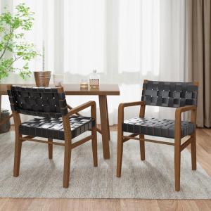 Christopher Knight Home Set of 2 Indoor Rubberwood Frame Dining Chairs, Armrest, Armchairs, Seating and Backrest with Rope Weave by PU/Faux Leather, for Dining Room, Kitchen, Restaurant, Walnut+Black