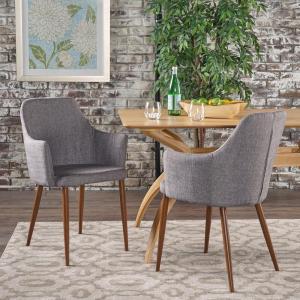 Christopher Knight Home Zeila Mid-Century Modern Fabric Dining Chair with Wood Finished Metal Legs, 2-Pcs Set, Light Grey / Dark Brown