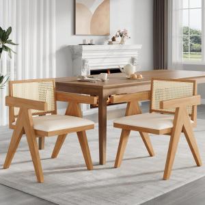 Christopher Knight Home Loftia Upholstered Dining Chairs Set of 2, Rubberwood Dining Chair, Breathable Rattan Backrest, Wooden Armchair for Dining Room Living Room Cafeteria, 300lbs 20.25″ Natural(Natural)