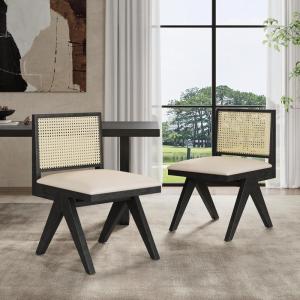 Christopher Knight Home Loftia Upholstered Dining Chairs Set of 2, Rubberwood Dining Chair, Breathable Rattan Backrest, Wooden Armless Chair for Dining Living Room Cafeteria, 300lbs 18.25″ Black(Black)