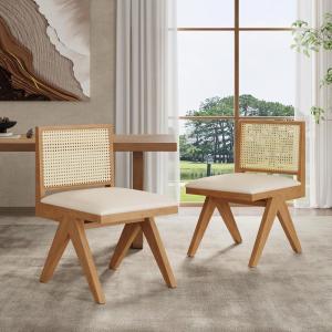 Christopher Knight Home Loftia Upholstered Dining Chairs Set of 2, Rubberwood Dining Chair, Breathable Rattan Backrest, Wooden Armless Chair for Dining Living Room Cafeteria, 300lbs 18.25″ Black(Natural)
