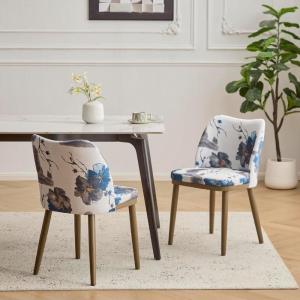 Christopher Knight Home Set of 2 Ringo Fabric Upholstered Dining Chairs, Rubberwood Frame, Curved Backrest,Foam-Filled Cushion, Armless Accent Chair/Side Chair, Dining Room/Kitchen, Apricot+Walnut(Brown+blue+white)