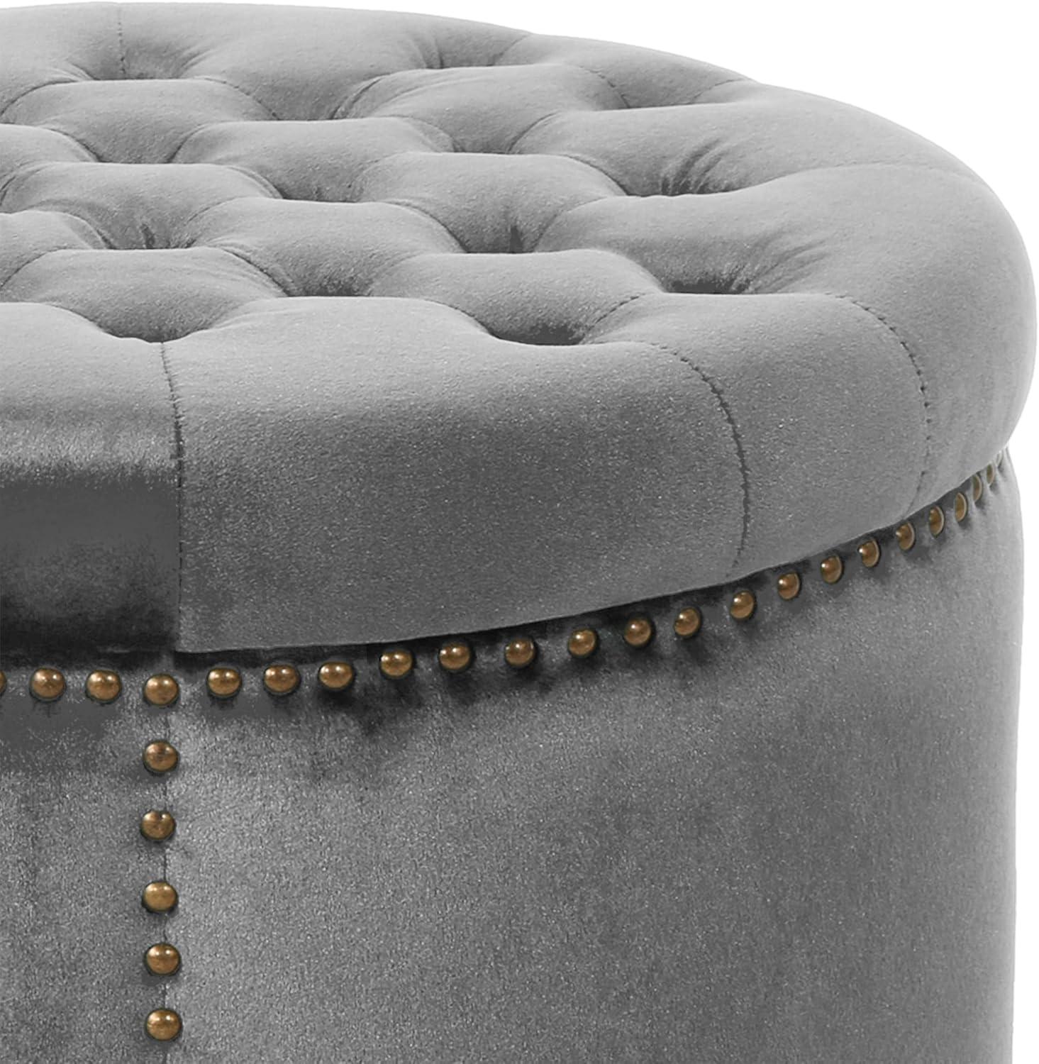 image:imageChristopher Knight Home Tiernan Round Velvet Upholstered Ottoman Small Footrest Stool End Side Table Button Tufted Coffee Table Wooden Frame Living Room Sofa Extra Seat with Nailhead Light GrayLight Gray