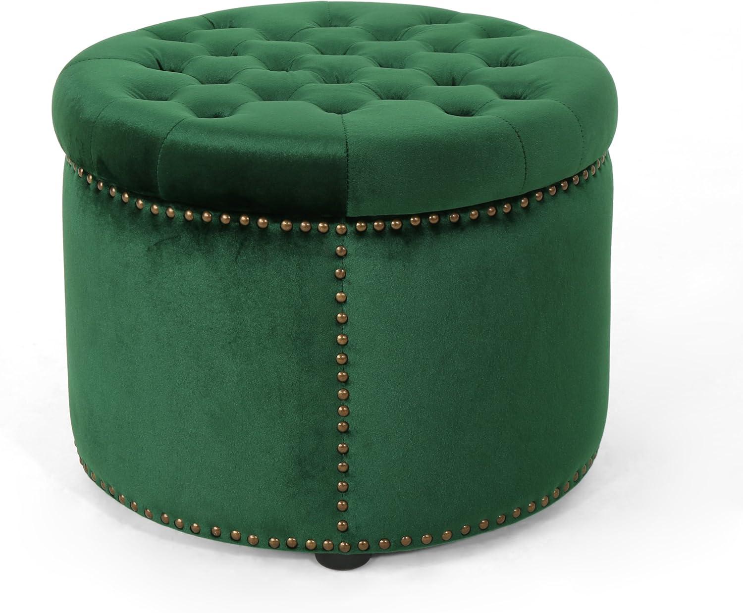 image:imageChristopher Knight Home Tiernan Round Velvet Upholstered Ottoman Small Footrest Stool End Side Table Button Tufted Coffee Table Wooden Frame Living Room Sofa Extra Seat with Nailhead Light GrayGreen