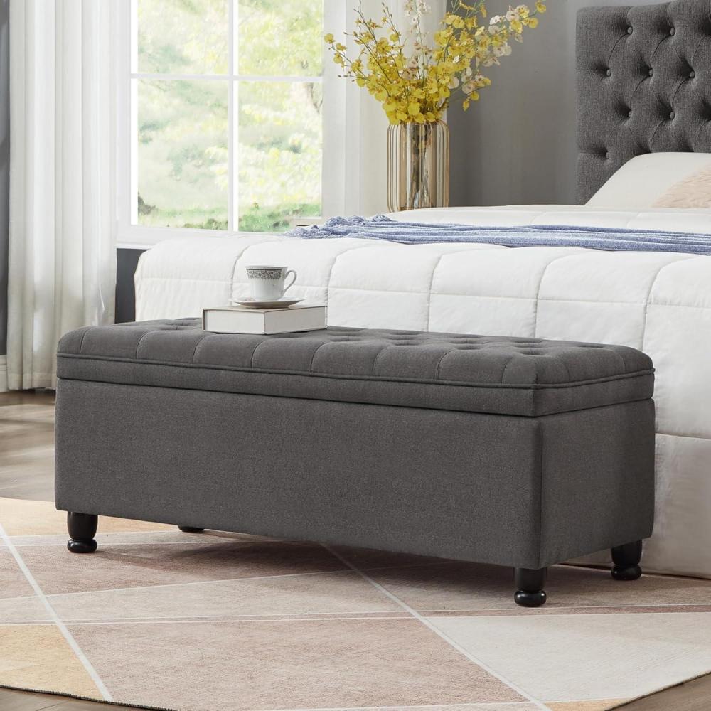 image:imageChristopher Knight Home Cabar 45 Inch Storage Ottoman Upholstered Tufted Button Storage Bench Linen Fabric Entry Bench with Spindle Wooden Legs Foot Rest Bench for Living Room Bed Room Dark GrayDark Gray