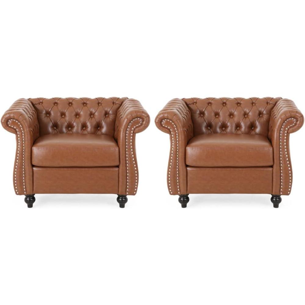 image:imageChristopher Knight Home Editha Traditional Chesterfield Club Chairs Set of 2 Faux Leather Cognac Brown Dark Brown
