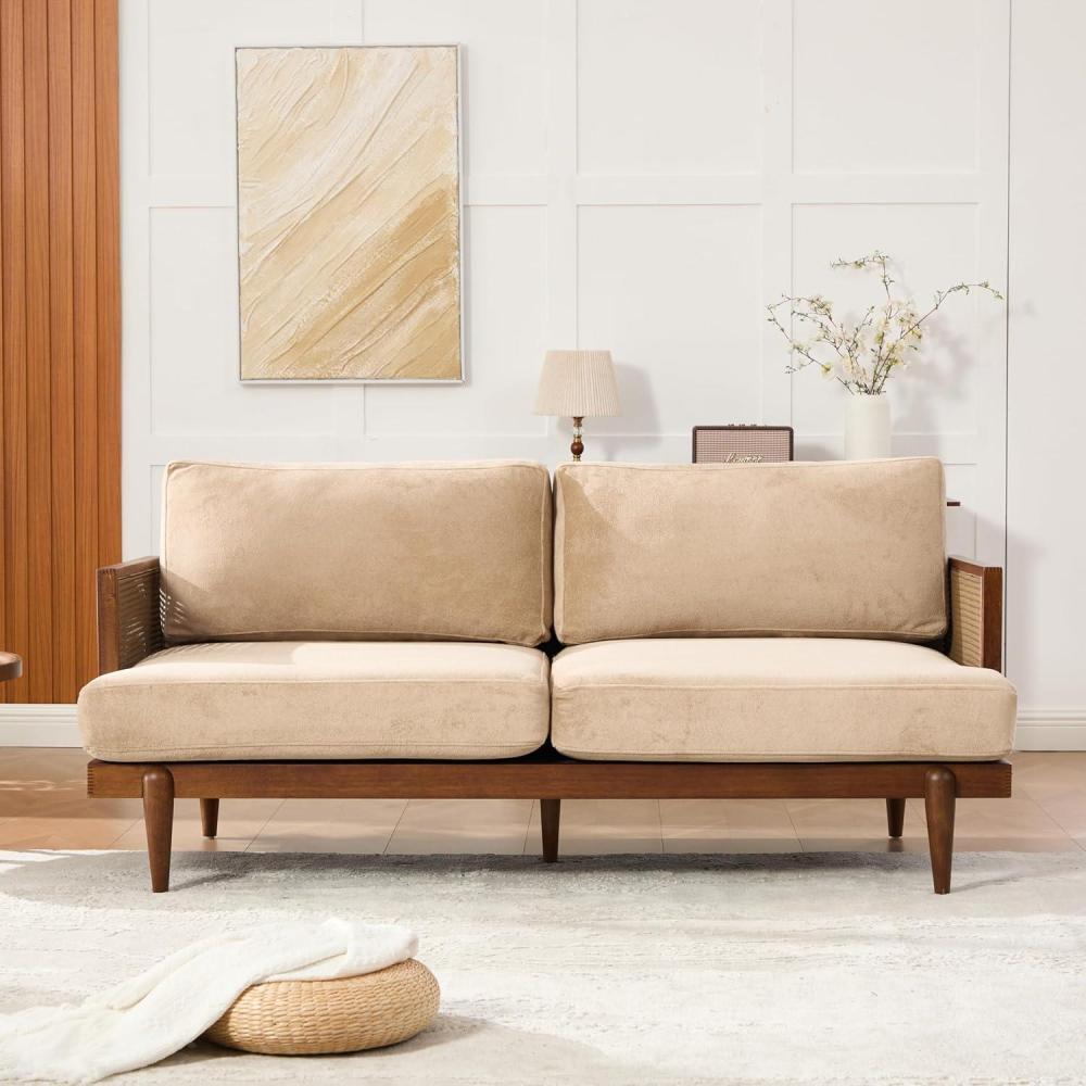 image:imageChristopher Knight Home Emir 3 Seater Sofa with Cushion Sofa Chair with Cane Rattan and Wooden Frame Spacious Seating Couch for Living RoomBedrooms Modern Slat Panel Sofa Couch Natural  BeigeWalnut  Camel