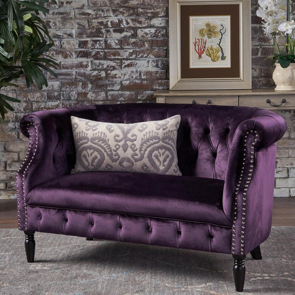 image:imageChristopher Knight Home GDFStudio Melaina Tufted Chesterfield Velvet Loveseat with Scrolled Arms BlackBerry and Dark BrownLoveseat