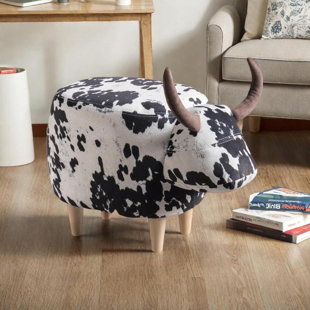 image:imageChristopher Knight Home Isana CowShaped Ottoman Cute Wood Foot Stool Shoes Changing Seat with Cushioned for Living Room Bedroom Playroom Porch Furniture Black and White Velvet