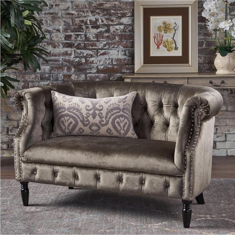image:imageChristopher Knight Home Milani Tufted Scroll Arm Velvet Loveseat Grey Dark BrownGrey Dark Brown
