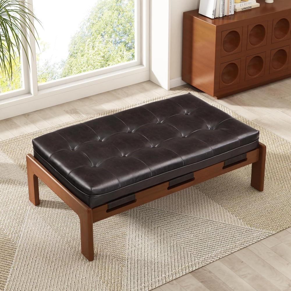 image:imageChristopher Knight Home Penley Modern Faux Leather Upholstered Ottoman Coffee Table Wooden Rectangular Cocktail Ottoman Living Room Sofa Footstool BrownWalnutDark Brownwalnut