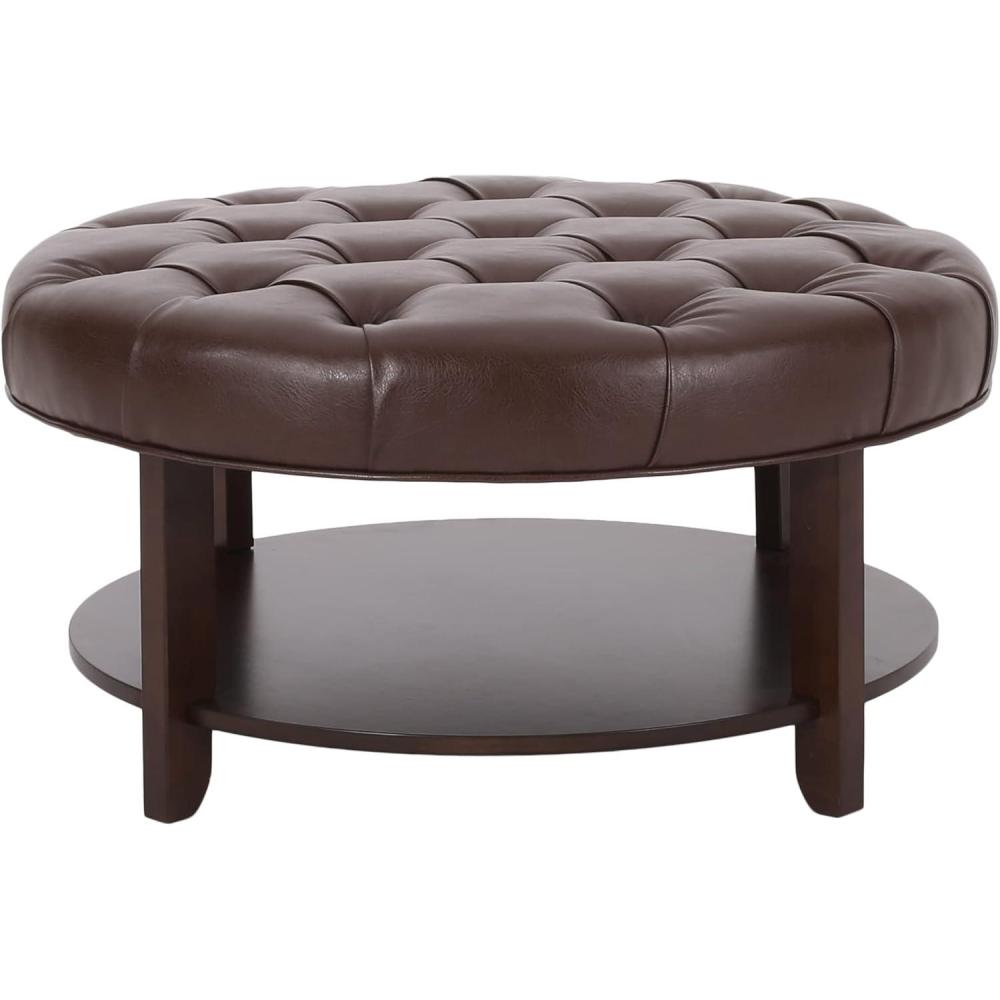 image:imageChristopher Knight Home Rumbrook Tufted Round Ottoman with Shelf Faux Leather Dark BrownEspressoDark Brown