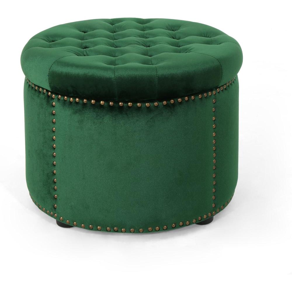 image:imageChristopher Knight Home Tiernan Round Velvet Upholstered Ottoman Small Footrest Stool End Side Table Button Tufted Coffee Table Wooden Frame Living Room Sofa Extra Seat with Nailhead Light GrayGreen