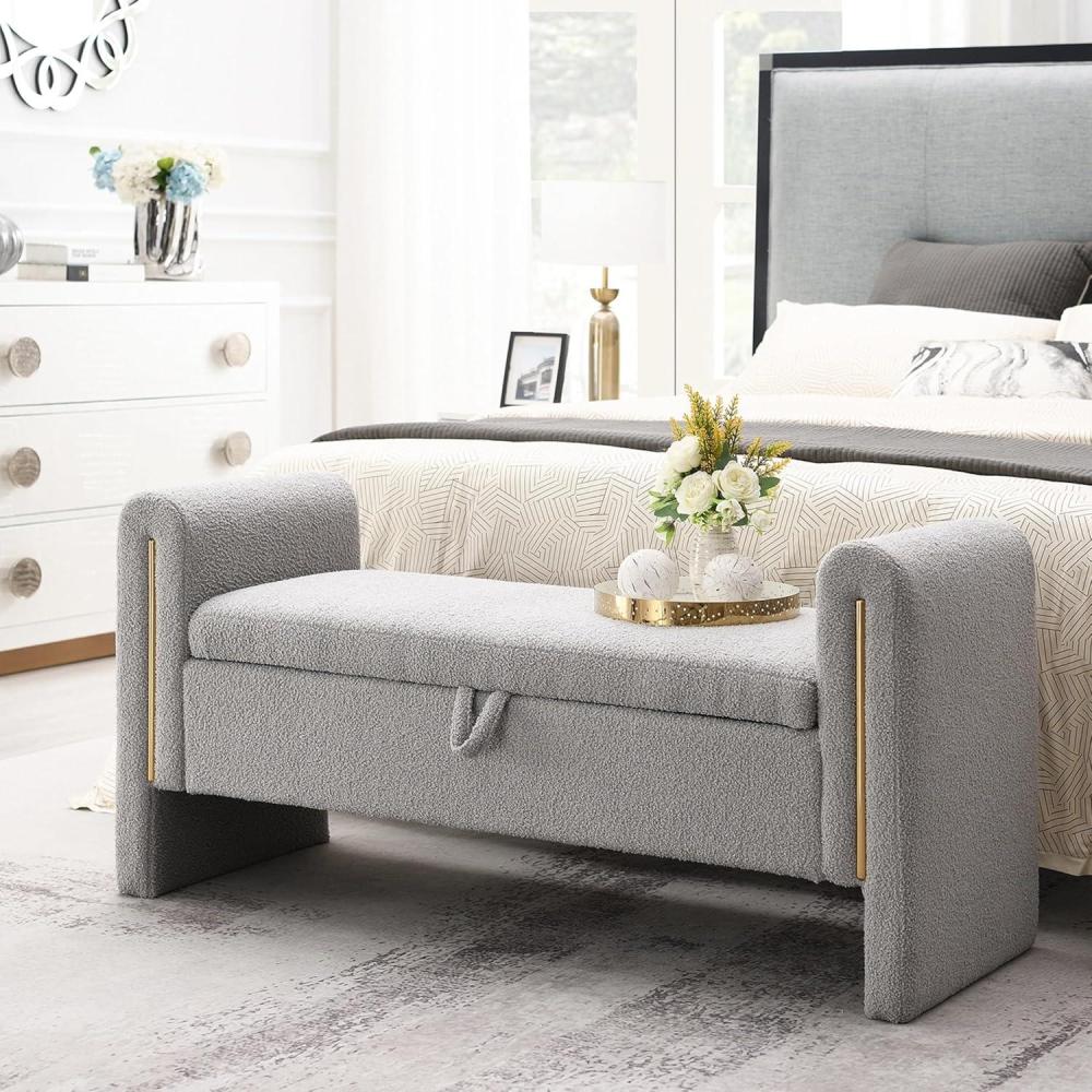 image:imageChristopher Knight Home Upholstered Storage Ottoman Teddy Fabric Bench with Solid Wood Legs Comfortable Foot Rest Stool Storage Bench for Bedroom End of Bed Living Room Dining Room GreenGrey