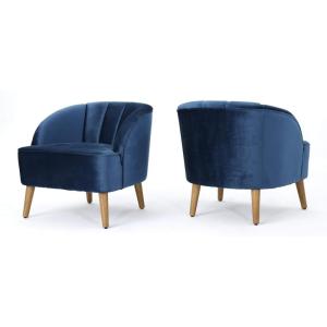 Christopher Knight Home Amaia Modern Velvet Club Chairs, 2-Pcs Set, Cobalt / Walnut