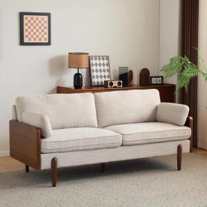 Christopher Knight Home Arboris Modern Fabric Upholstered Loveseat, Living Room Lounge Sofa with Back Pillows and Removable Cushions, Comfy Cloud Couch with Wooden Frame, Navy Blue+Light Walnut(Cream)