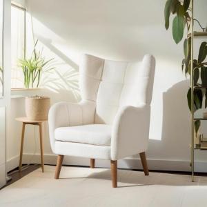 Christopher Knight Home Bines Modern Retro Accent Chair, Upholstered Club Chair, Reading Single Sofa Chair, Armchair with Tapered Birch Wood Legs for Living Room, Bedroom, Reading Corner, Ivory White