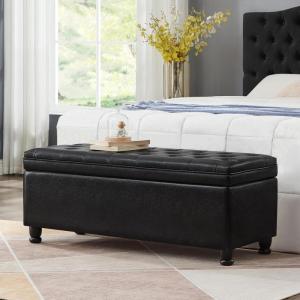 Christopher Knight Home Cabar 45 Inch Storage Ottoman, Upholstered Tufted Button Storage Bench, Linen Fabric Entry Bench with Spindle Wooden Legs, Foot Rest Bench for Living Room Bed Room, Dark Gray(Black)