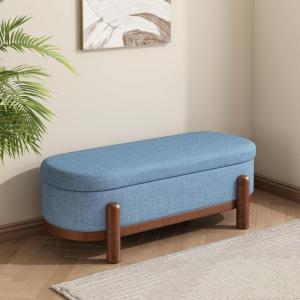 Christopher Knight Home Daggy Upholstered Ottoman with Storage for Living Room, Fabric Modern Storage Ottoman Foot Rest, Bedroom Oval End of Bed Bench with Wooden Frame, Blue+Brown(Blue+brown)