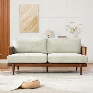 Christopher Knight Home Emir 3 Seater Sofa with Cushion, Sofa Chair with Cane Rattan and Wooden Frame, Spacious Seating Couch for Living Room/Bedrooms, Modern Slat Panel Sofa Couch, Natural + Beige(Walnut + Light Green)