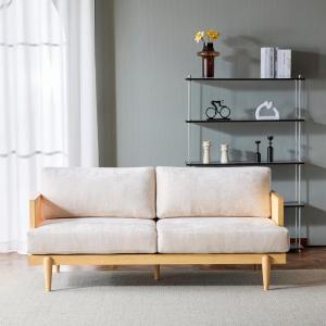 Christopher Knight Home Emir 3 Seater Sofa with Cushion, Sofa Chair with Cane Rattan and Wooden Frame, Spacious Seating Couch for Living Room/Bedrooms, Modern Slat Panel Sofa Couch, Natural + Beige(Natural + Beige)