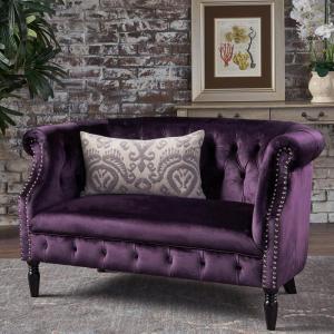 Christopher Knight Home GDFStudio Melaina Tufted Chesterfield Velvet Loveseat with Scrolled Arms, BlackBerry and Dark Brown(Loveseat)