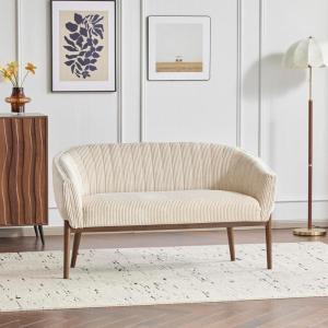 Christopher Knight Home Irelia Corduroy Recessed Arm Loveseat, Comfy Upholstery 2 Seater Sofa, Wooden Frame Living Room Chair, Mid-Century Modern Soft Seating Lounge Sofa, Beige + Walnut