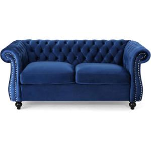 Christopher Knight Home Karen Traditional Chesterfield Loveseat Sofa, Navy Blue and Dark Brown, 61.75 x 33.75 x 27.75