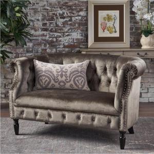 Christopher Knight Home Milani Tufted Scroll Arm Velvet Loveseat, Grey / Dark Brown(Grey / Dark Brown)