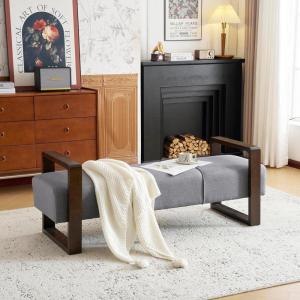 Christopher Knight Home Neapo Ottoman Bench, Ottoman with Armrest, Bench Chair, Rectangular Footstool, End of Bed Bench Seat, Linen Fabric Upholstery Ottoman for Living Room Bedroom Hall, Grey(Grey)