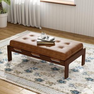 Christopher Knight Home Penley Modern Faux Leather Upholstered Ottoman Coffee Table, Wooden Rectangular Cocktail Ottoman, Living Room Sofa Footstool, Brown+Walnut(Brown+walnut)