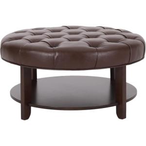 Christopher Knight Home Rumbrook Tufted Round Ottoman with Shelf – Faux Leather – Dark Brown/Espresso(Dark Brown)