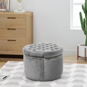 Christopher Knight Home Tiernan Round Velvet Upholstered Ottoman, Small Footrest Stool, End Side Table, Button Tufted Coffee Table, Wooden Frame Living Room Sofa Extra Seat with Nailhead, Light Gray(Light Gray)