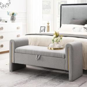 Christopher Knight Home Upholstered Storage Ottoman, Teddy Fabric Bench with Solid Wood Legs, Comfortable Foot Rest Stool, Storage Bench for Bedroom End of Bed, Living Room, Dining Room, Green(Grey)