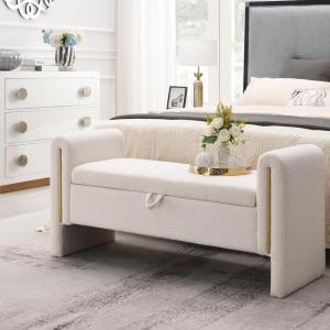 Christopher Knight Home Upholstered Storage Ottoman, Teddy Fabric Bench with Solid Wood Legs, Comfortable Foot Rest Stool, Storage Bench for Bedroom End of Bed, Living Room, Dining Room, Green(White)