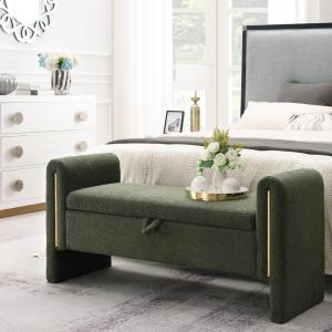 Christopher Knight Home Upholstered Storage Ottoman, Teddy Fabric Bench with Solid Wood Legs, Comfortable Foot Rest Stool, Storage Bench for Bedroom End of Bed, Living Room, Dining Room, Green(Green)