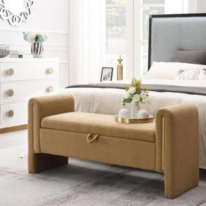 Christopher Knight Home Upholstered Storage Ottoman, Teddy Fabric Bench with Solid Wood Legs, Comfortable Foot Rest Stool, Storage Bench for Bedroom End of Bed, Living Room, Dining Room, Green(Khaki)