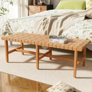 Christopher Knight Home Vinson Country Style Acacia Wood Bedroom Armless Bench with Woven PU Leather Seat, Wooden End of Bed Footrest Stool, Accent Living Room/Entryway Ottoman Bench, Natural Brown