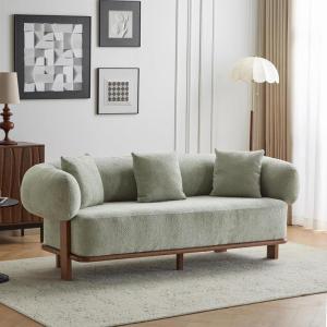 Christopher Knight Home Yule Living Room Wooden 3-Seater Sofa, Boucle Fabric Upholstered Lounge Sofa Couch, Home Office/Bedroom Sofa Chair with Accent Pillow, Comfy Reading Cloud Sofa, Black + Brown(Light Green + Brown)