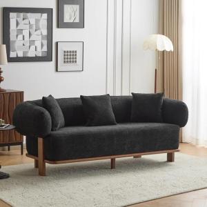 Christopher Knight Home Yule Living Room Wooden 3-Seater Sofa, Boucle Fabric Upholstered Lounge Sofa Couch, Home Office/Bedroom Sofa Chair with Accent Pillow, Comfy Reading Cloud Sofa, Black + Brown(Black + Brown)